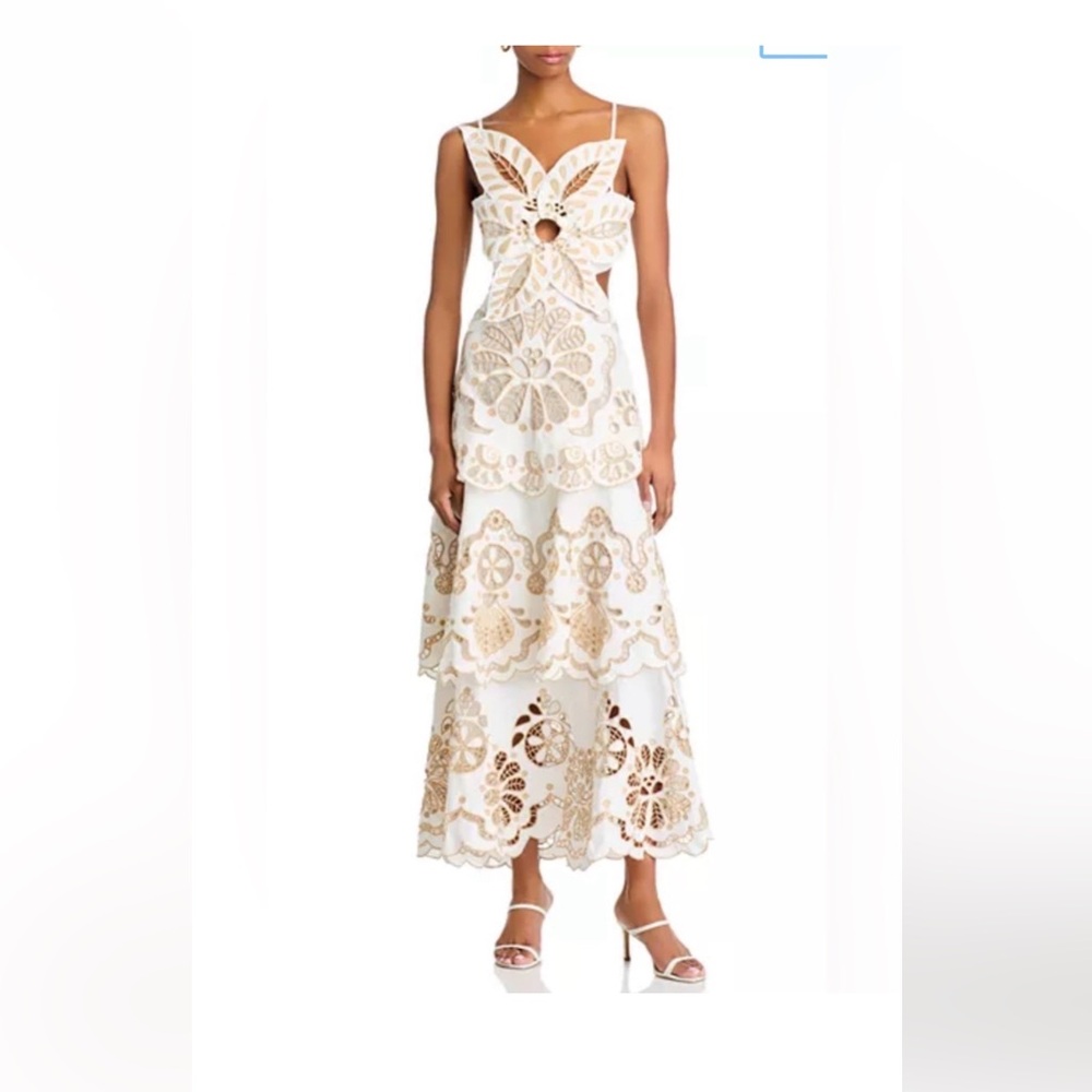 FARM Rio White Midi Dress with Gold Eyelet Embroidery - Picture 1 of 5